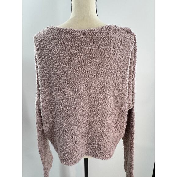 Free People Pink Mauve Boucle V Neck Pullover Crop Boxy Sweater Top Large - Picture 4 of 8